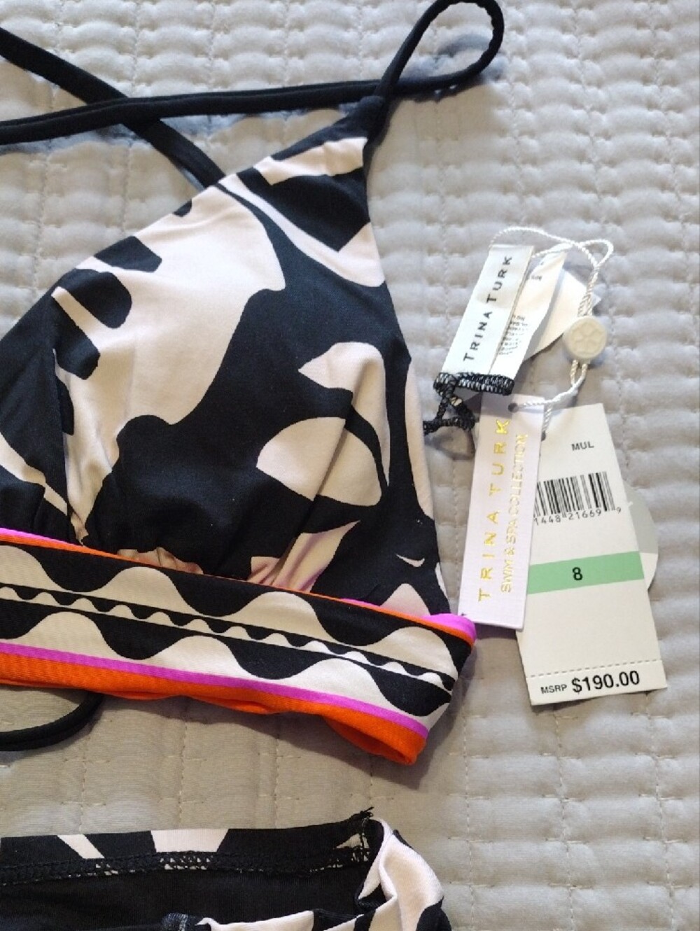 Trina Turk Black & Cream Print Bikini with Pink and Orange Trim - Picture 2 of 4